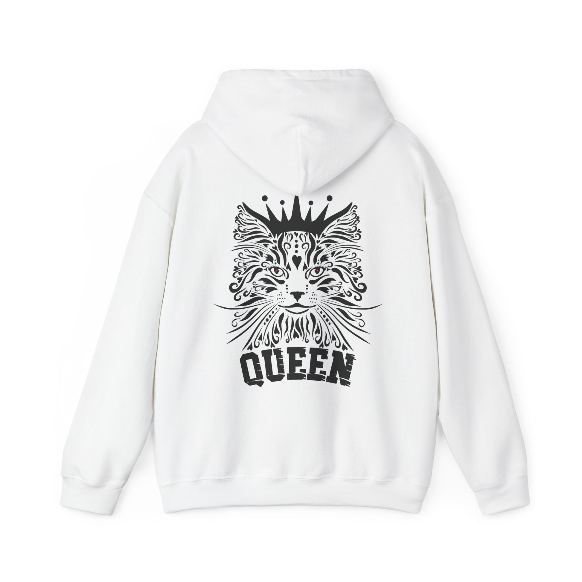 white hoodie with a black cat design and 'QUEEN' text on the back. 