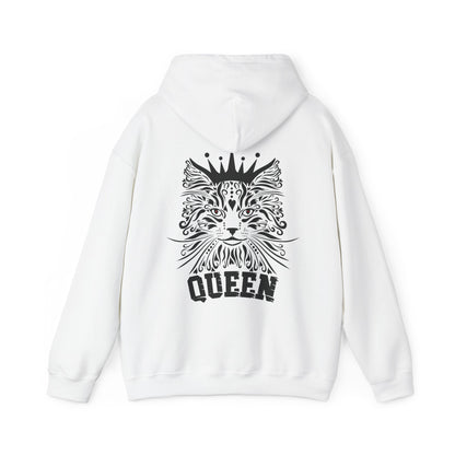 white hoodie with a black cat design and 'QUEEN' text on the back. 